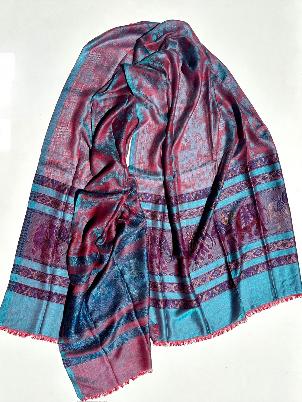 Pashmina & Silk Paisley Elephant Wrap Scarf in Turquoise Purple Magenta Red